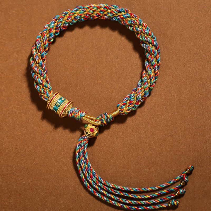 Pulsera de cuerda tejida con dije de rueda de oración Thangka de la suerte hecha a mano tibetana con Buddha Stones