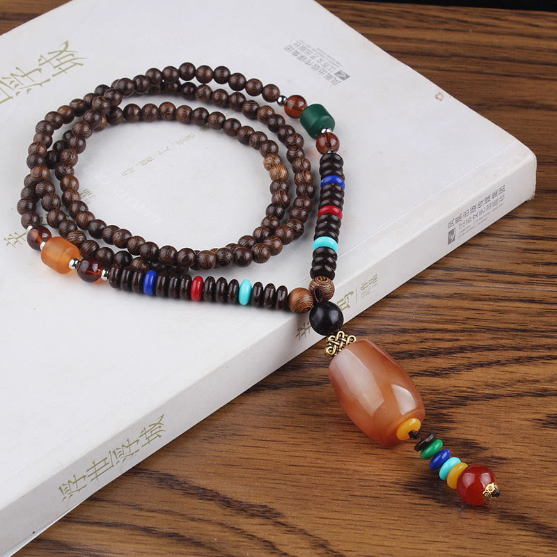 Buddha Stones, colgante de collar de paz de equilibrio de ágata de semilla Bodhi de madera de wengué tibetano
