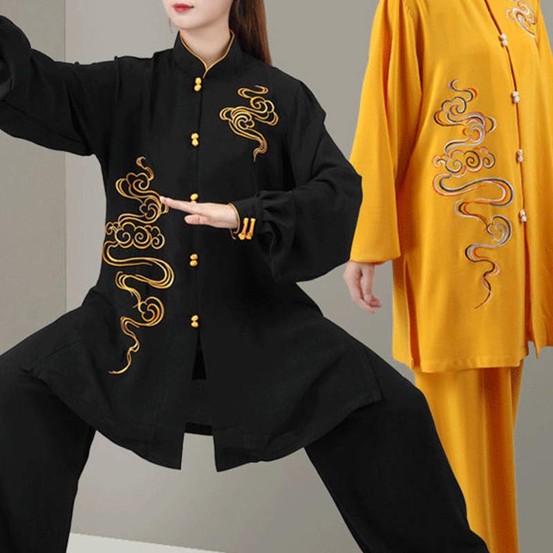Conjunto de ropa unisex para práctica de meditación, tai chi, qigong, bordada, con nubes auspiciosas y Buddha Stones