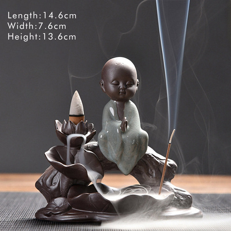 Quemador de incienso con bendición de loto de cerámica, Buddha Stones , pequeño monje, decoración