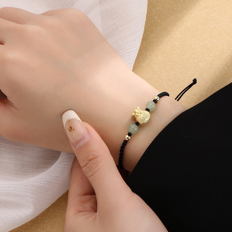 Pulsera trenzada de la suerte con cuentas de jade y bolsa de dinero de la suerte con Buddha Stones
