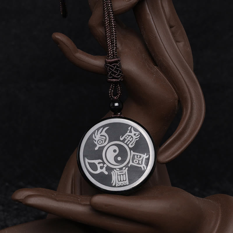 Buddha Stones, obsidiana negra, taoísmo, cinco montañas sagradas, Mantra de nueve caracteres tallado, purificación, colgante de collar Yin Yang
