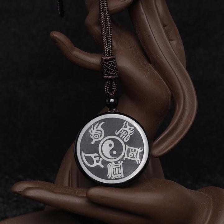 Buddha Stones, obsidiana negra, taoísmo, cinco montañas sagradas, Mantra de nueve caracteres tallado, purificación, colgante de collar Yin Yang