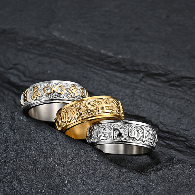 Anillo de acero de titanio con Buddha Stones, seis palabras verdaderas, equilibrio tranquilo