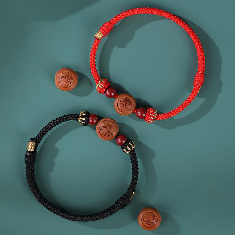 Pulsera de riqueza de cinabrio tallada con carácter del zodíaco chino, madera de melocotón Natural, Buddha Stones