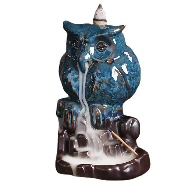 Quemador de incienso curativo para meditación, fuente de humo de reflujo de cerámica, búho bonito, decoración