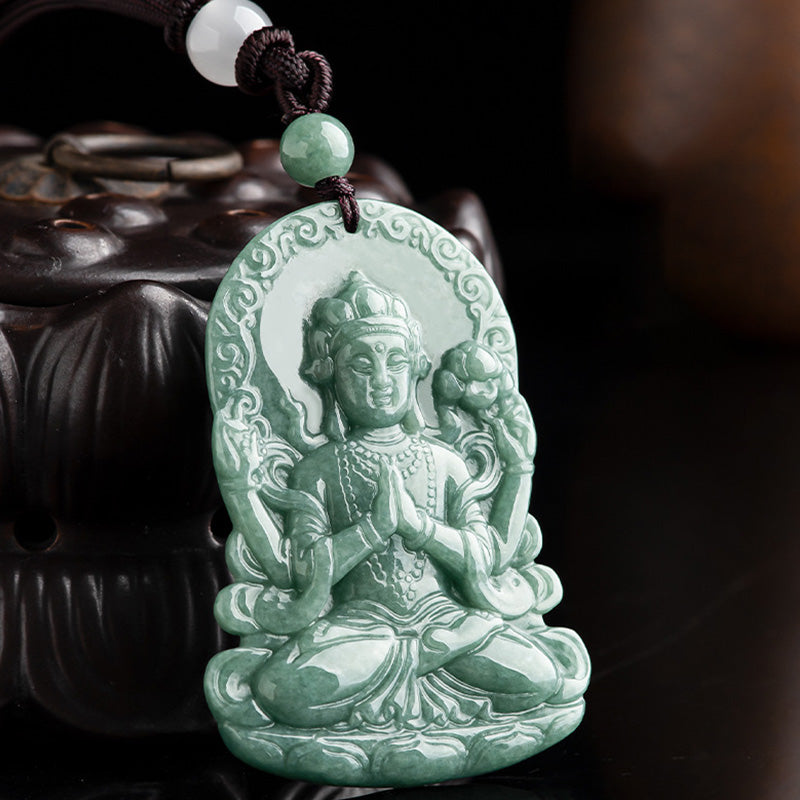 Collar de cadena de bendición con amuleto de jade natural Avalokitesvara de cuatro brazos - image 5