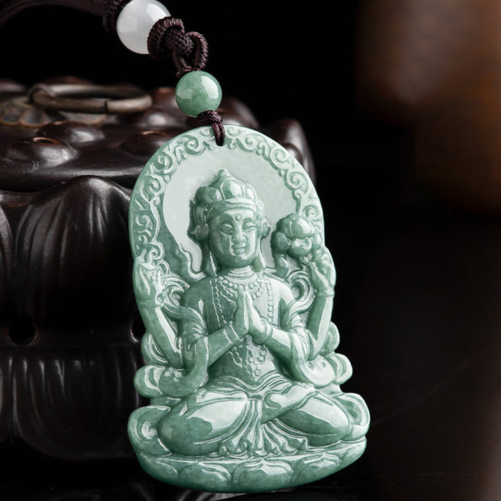 Collar de cadena de bendición con amuleto de jade natural Avalokitesvara de cuatro brazos - image 5