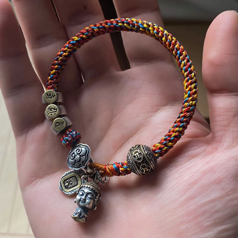 Buddha Stones hechas a mano tibetana de plata de ley 925, zodíaco chino, Buda natal Zakiram, diosa de la protección de la riqueza, pulsera trenzada de cuerda multicolor