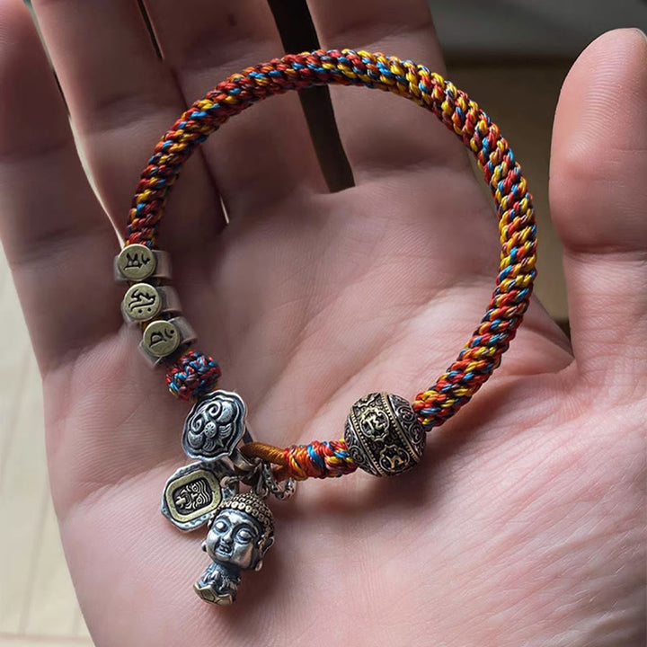 Buddha Stones hechas a mano tibetana de plata de ley 925, zodíaco chino, Buda natal Zakiram, diosa de la protección de la riqueza, pulsera trenzada de cuerda multicolor