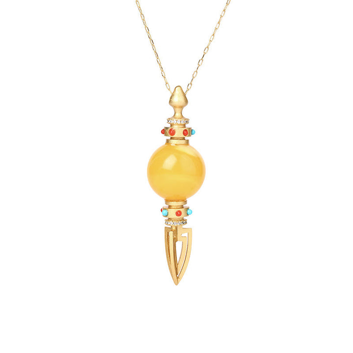 Colgante de collar de ansiedad transparente Dorje Vajra de ámbar chapado en oro de 24 quilates