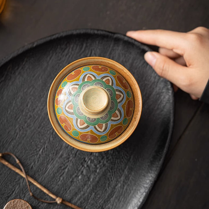 Taza de té de cerámica Gaiwan Sancai de Dunhuang Flying Apsaras con Buddha Stones, taza de té de Kung Fu con tapa