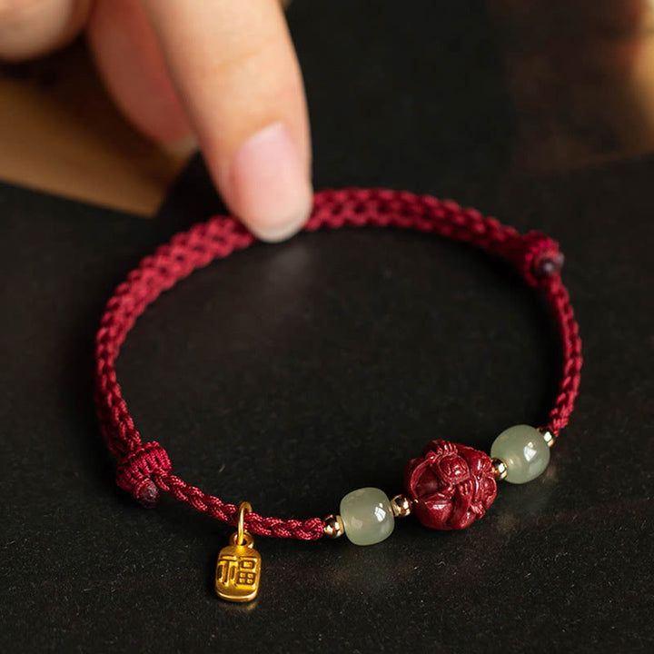 Pulsera de cuerda de la suerte con carácter de Jade Hetian del zodíaco chino cinabrio Natural de Buddha Stones