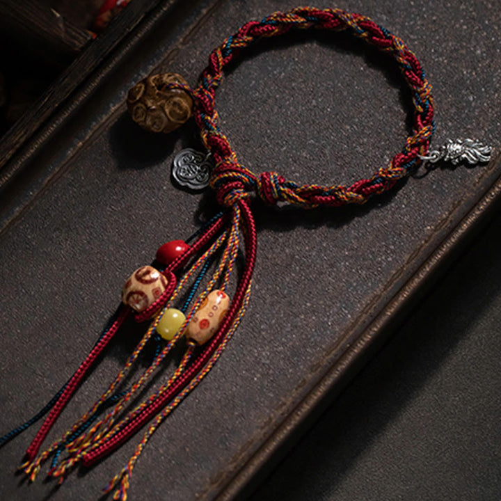 Pulsera de cuerda de fuerza de protección de peces Koi de Plata de Ley 925 con hilo colorido hecho a mano tibetano con Buddha Stones