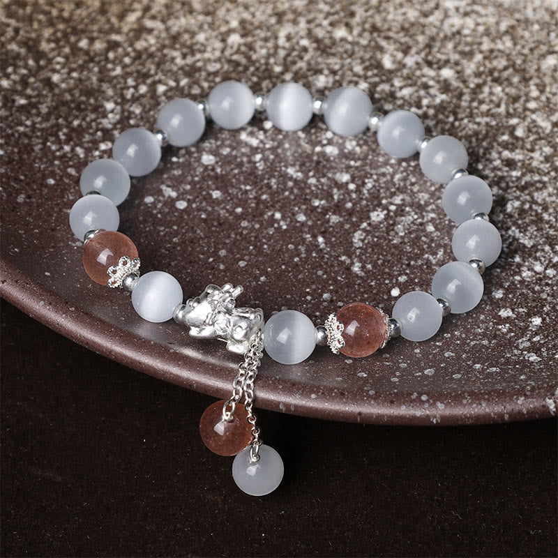Pulsera de soporte PiXiu de cuarzo fresa, piedra lunar, ojo de gato natural, Buddha Stones
