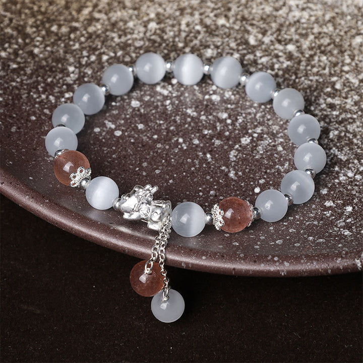 Pulsera de soporte PiXiu de cuarzo fresa, piedra lunar, ojo de gato natural, Buddha Stones
