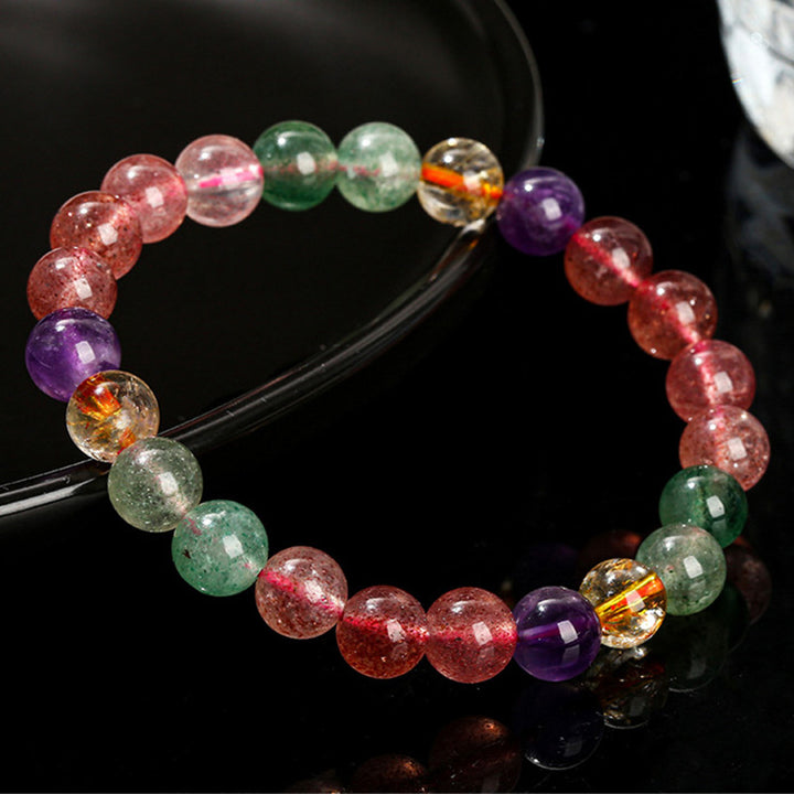 Pulsera con cuentas curativas de amor de cuarzo fresa multicolor natural con Buddha Stones