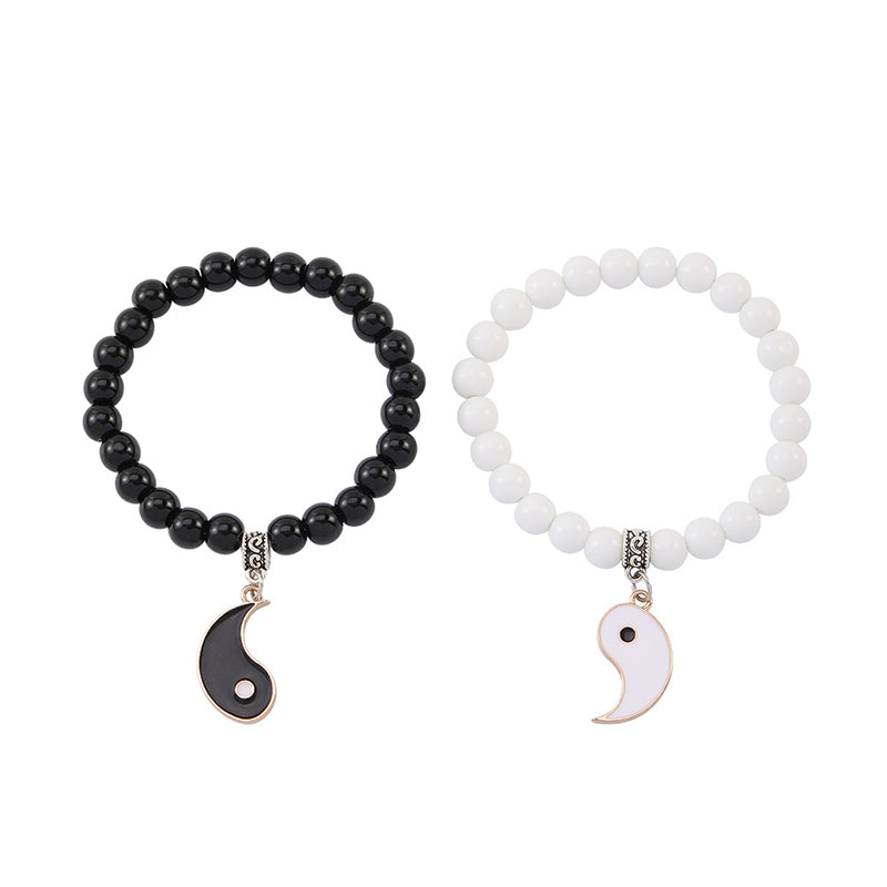 Buddha Stones 2 uds. Pulsera de pareja de protección Yin Yang con cuentas de turquesa blanca y ónix negro - Yin Yang dorado - image 11