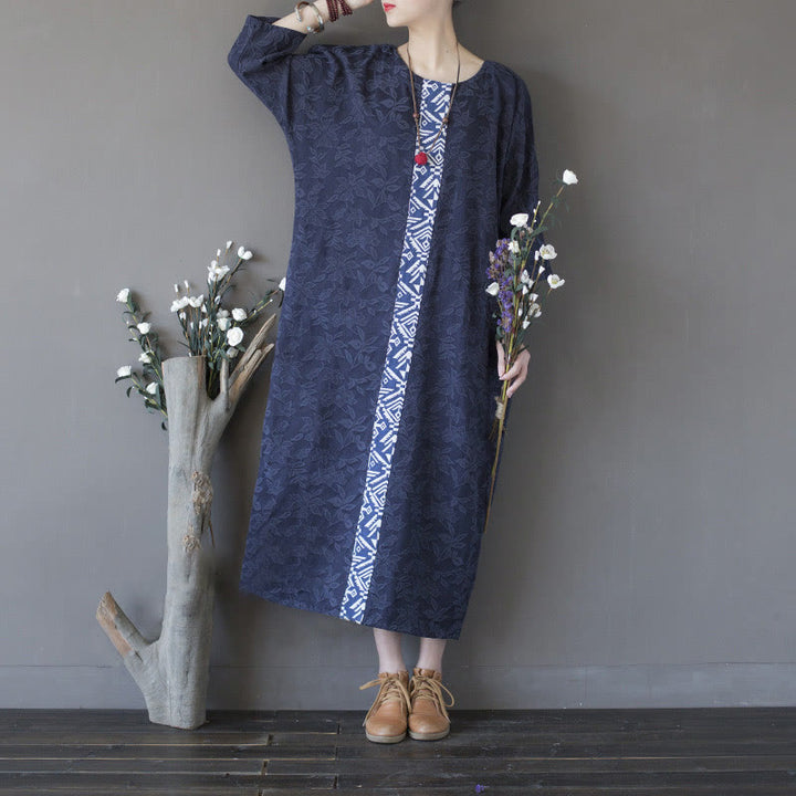 Vestido midi de jacquard con bordado de flores azules y Buddha Stones Vestido de algodón con manga tres cuartos y bolsillos