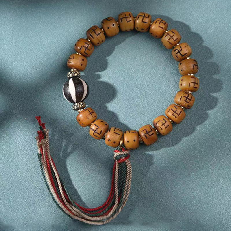 Buddha Stones, hueso de camello tibetano Natural, esvástica, cuentas Dzi, amuleto de Buda Shankha, Kirtimukha, pulsera con borla de protección de la suerte