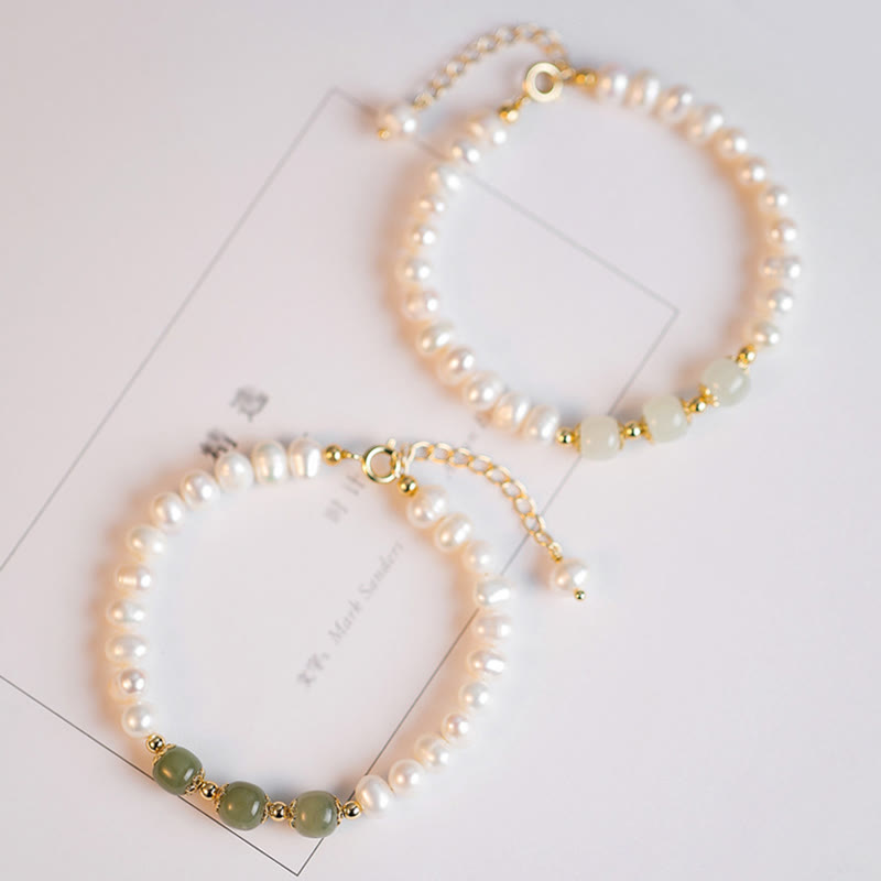 Pulsera de cadena de cuentas de sinceridad de jade blanco de jade cian hetiano de perlas naturales chapadas en oro de 14 quilates