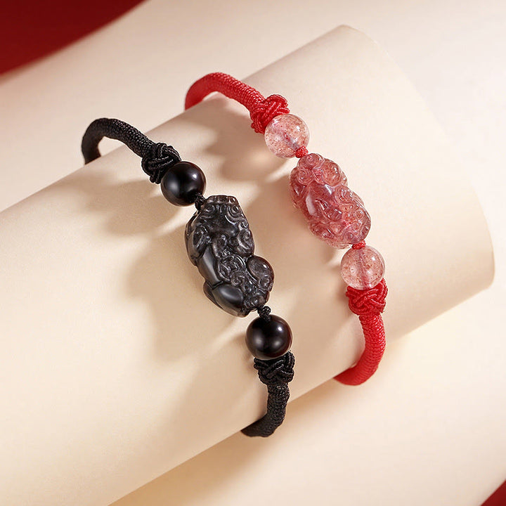 Pulsera trenzada de protección PiXiu de cuarzo fresa obsidiana con brillo de plata Natural hecha a mano con Buddha Stones