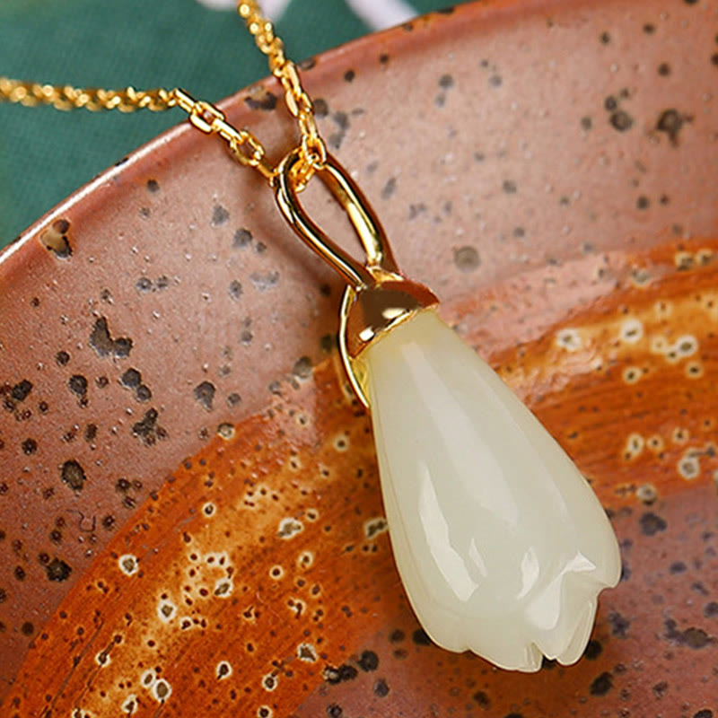 Buddha Stones , colgante de collar de abundancia de flor de Magnolia de Jade hetiano Natural chapado en plata de ley 925