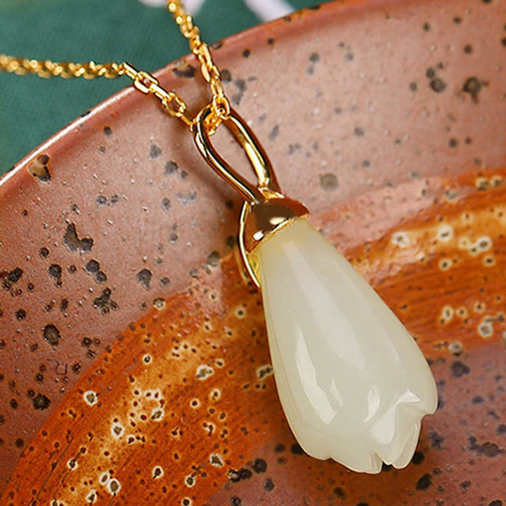 Buddha Stones , colgante de collar de abundancia de flor de Magnolia de Jade hetiano Natural chapado en plata de ley 925