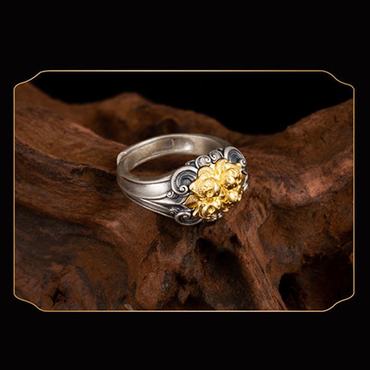 Anillo ajustable con protección de calavera tibetana de plata de ley 925 con Buddha Stones