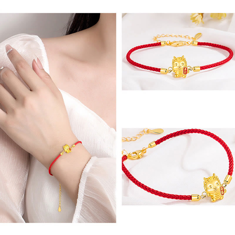Pulsera de cadena de cuerda roja con Buddha Stones , Plata de Ley 925, Año del Dragón de la suerte, dragón dorado de la suerte