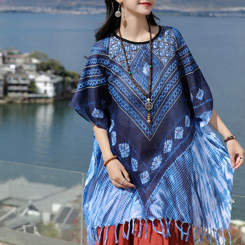 Jersey suave con chal Batik de rayas triangulares azules con Buddha Stones 90*95cm