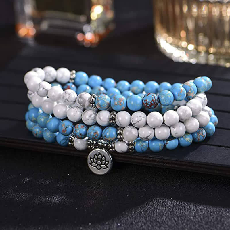 Pulsera de bendición de loto de piedra emperador turquesa blanca de 108 cuentas Mala