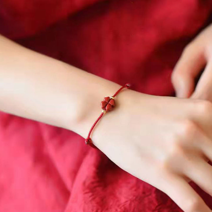 Pulsera tobillera con Buddha Stones, cinabrio Natural, trébol de cuatro hojas, bendición, hilo rojo