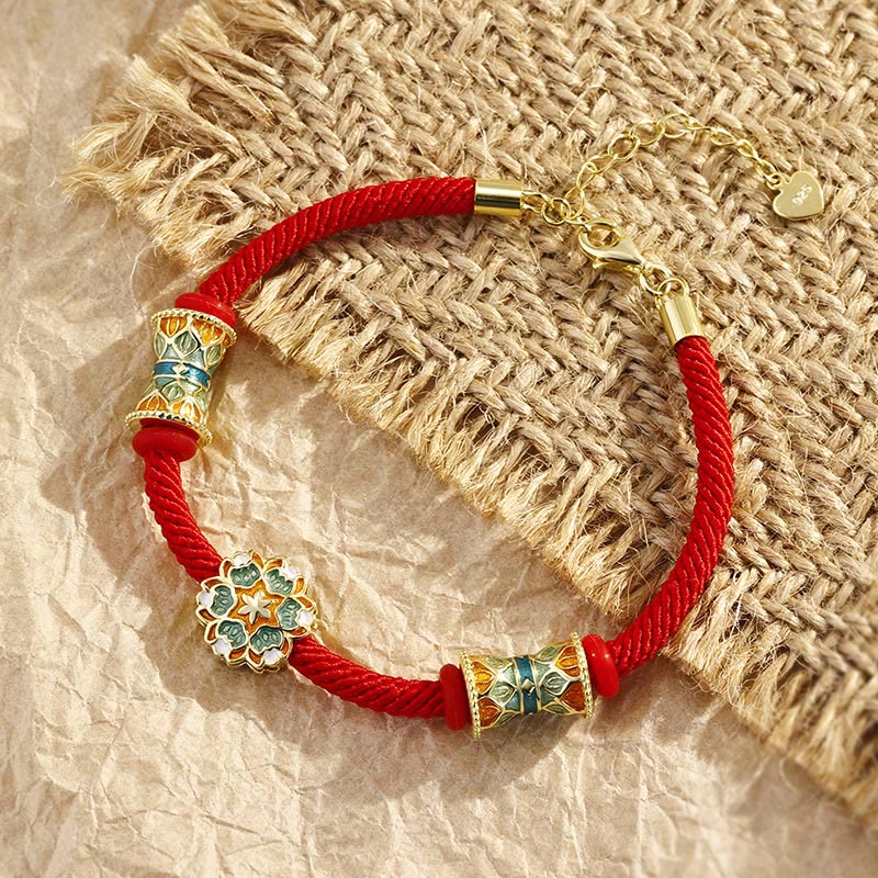 Pulsera de cuerda roja de nuevo comienzo con tambor de loto de Plata de Ley 925 de Buddha Stones Dunhuang