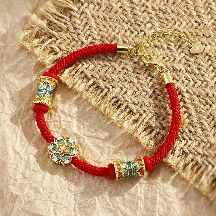 Pulsera de cuerda roja de nuevo comienzo con tambor de loto de Plata de Ley 925 de Buddha Stones Dunhuang