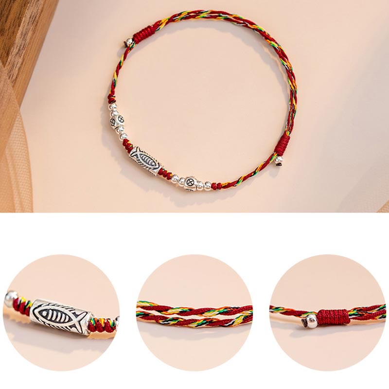 Pulsera tobillera de hilo colorido trenzado con pez Koi de la suerte de plata de ley 925 con Buddha Stones