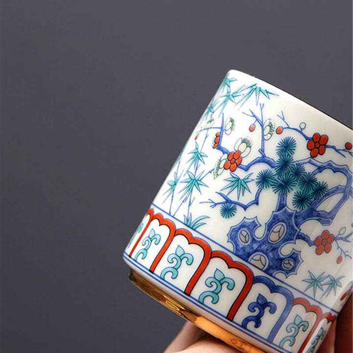 Tazas de té de cerámica con Buddha Stones, Vintage, flor de ciruelo, pino, bambú, Phoenix, Kirin, León, baile