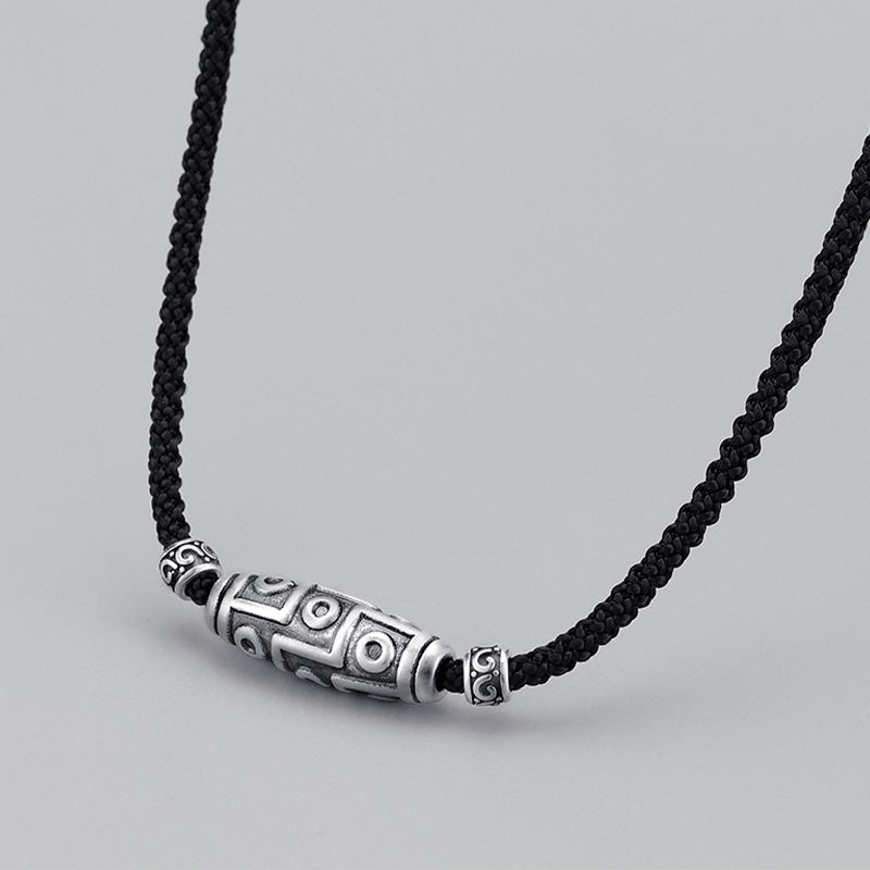 Collar con colgante de cuerda de protección con diseño de cuentas Dzi de nueve ojos de plata de ley 999 con Buddha Stones