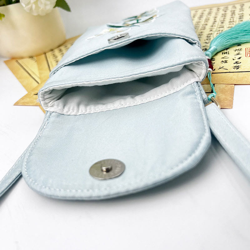 Bolso bandolera con flores bordadas pequeñas y Buddha Stones, bolso de hombro, bolso para móvil de doble capa