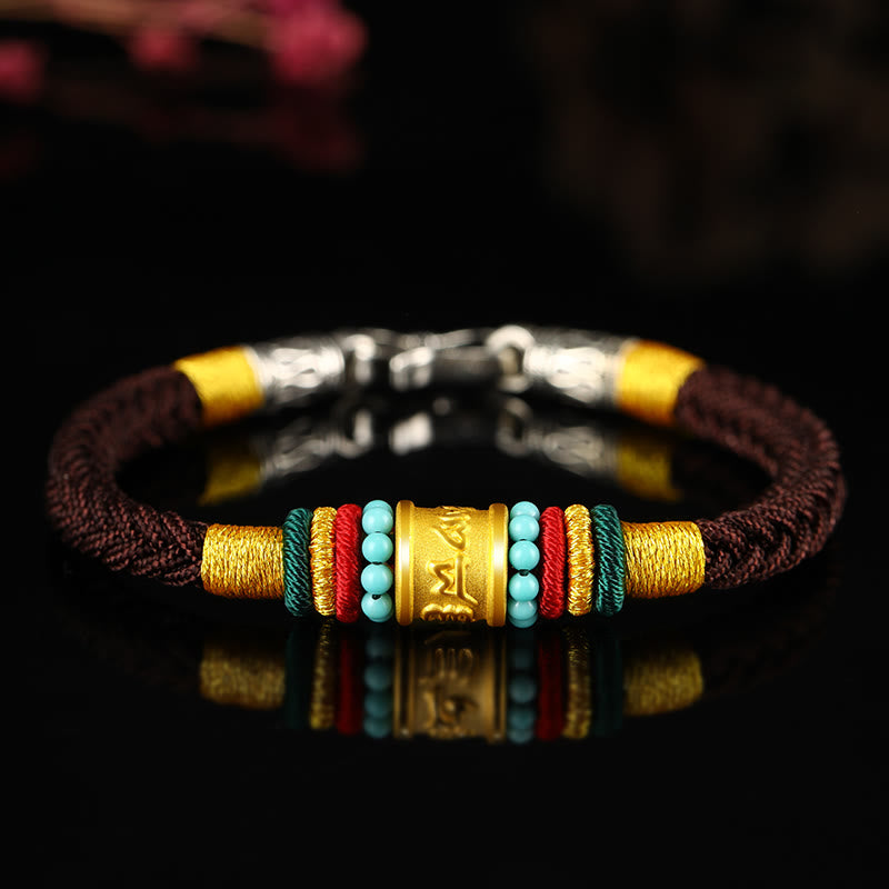 Buddha Stones Tíbet 999 oro Om Mani Padme Hum pulsera de la suerte hecha a mano con ocho hilos y nudo de la paz - Hebilla de plata turquesa con cuerda marrón - 19 centímetros - image 16