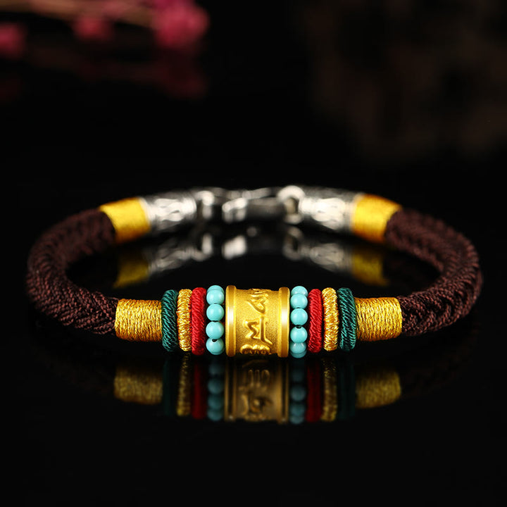 Buddha Stones Tíbet 999 oro Om Mani Padme Hum pulsera de la suerte hecha a mano con ocho hilos y nudo de la paz - Hebilla de plata turquesa con cuerda marrón - 19 centímetros - image 16