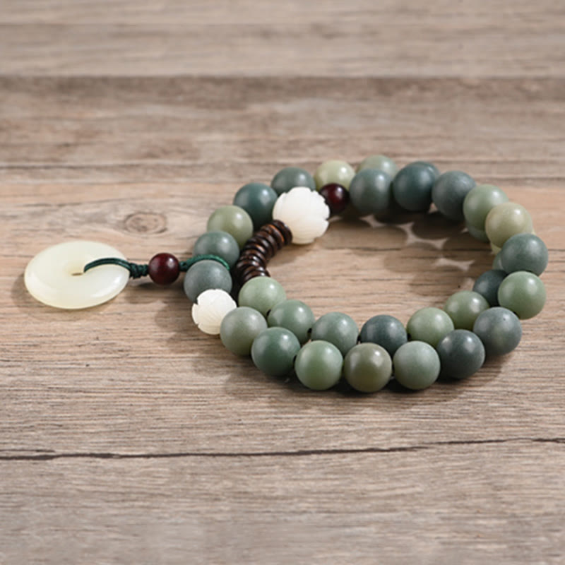 Pulsera de doble envoltura con hebilla de paz y jade de loto, semilla de Bodhi cian