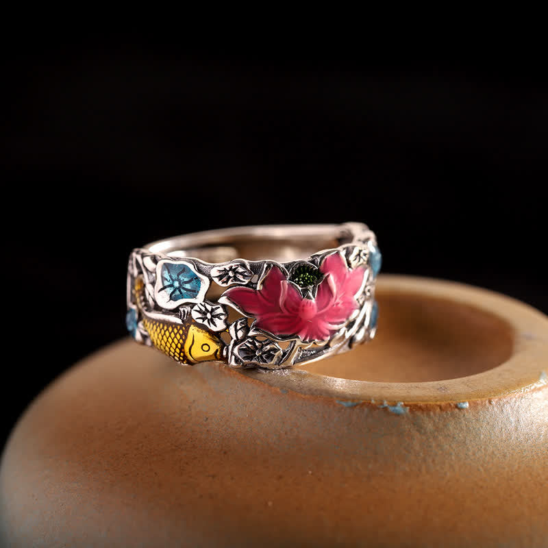 Anillo de iluminación con pez Lotus Koi de plata de ley 925