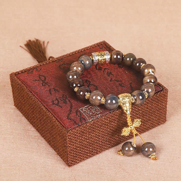 Buddha Stones Tíbet Om Mani Padme Hum Rueda de oración Dorje Vajra Pulsera de sabiduría con cuentas de vidrio grabadas