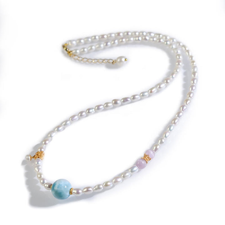 Colgante de collar de sinceridad de Larimar con perlas naturales de plata de ley 925 con Buddha Stones