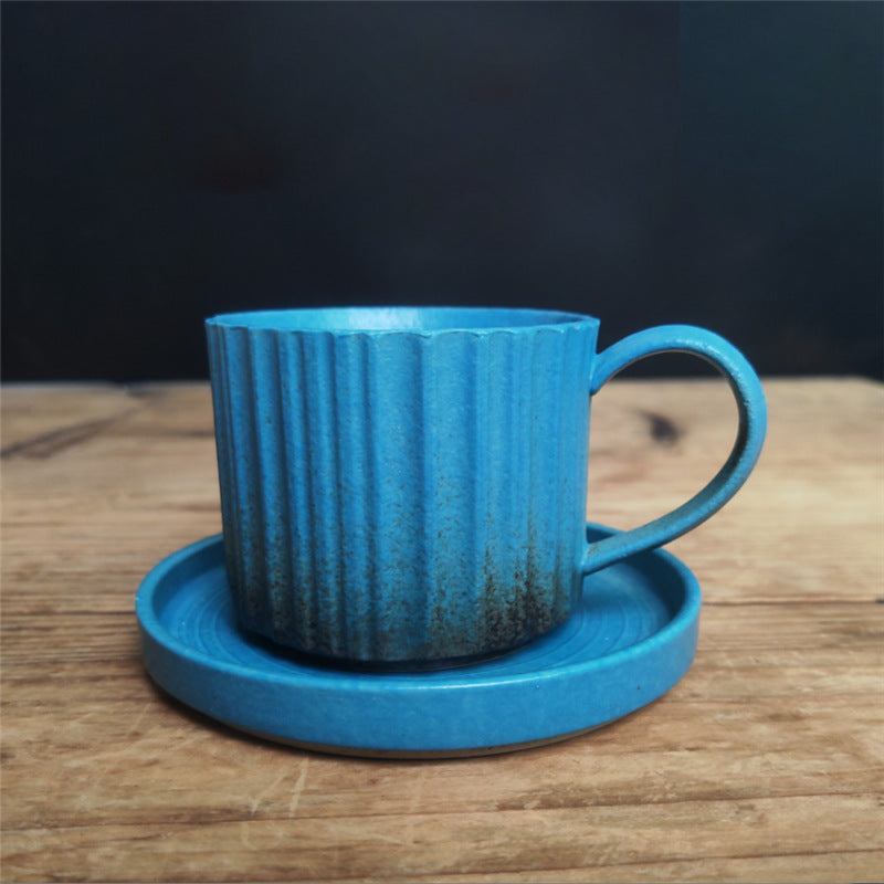 Taza de café de cerámica con cambio de horno a rayas Retro de Buddha Stones, taza de café y té de cerámica rugosa con platillo de 250ml