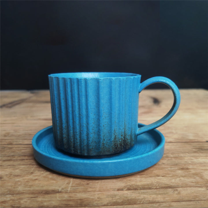 Taza de café de cerámica con cambio de horno a rayas Retro de Buddha Stones, taza de café y té de cerámica rugosa con platillo de 250ml