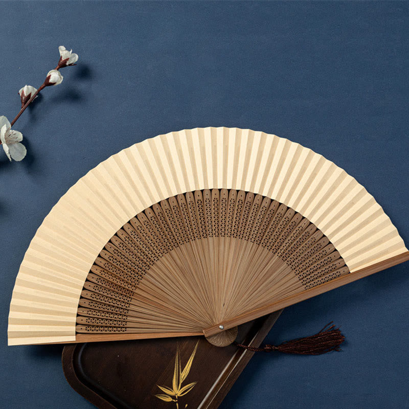 Abanico plegable de bambú de seda de mano con Buddha Stones , libélula de loto, gansos salvajes, flor de ciruelo, 22,5 cm