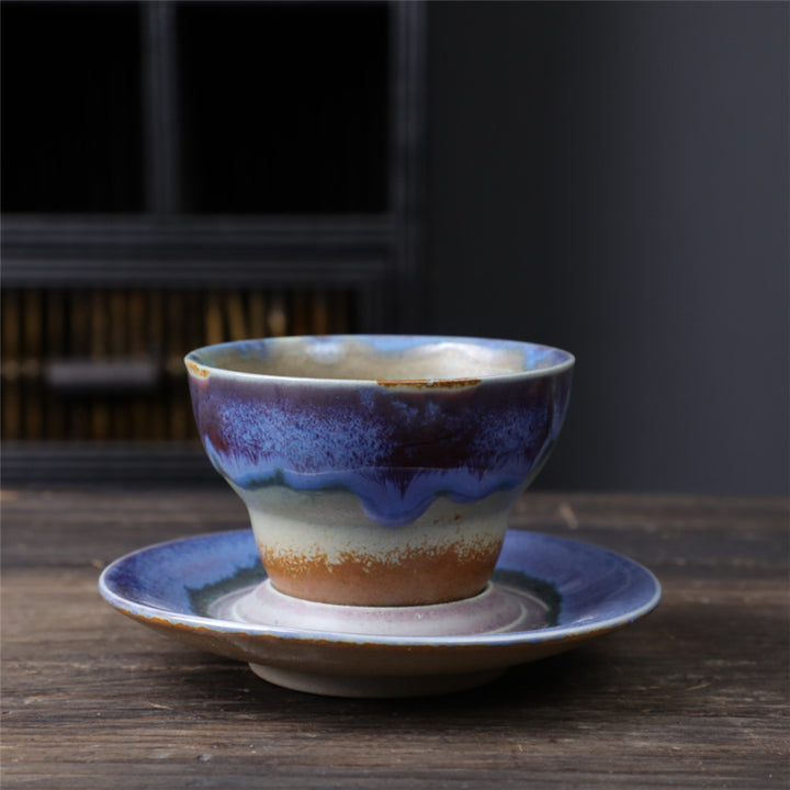 Taza de café de cerámica con diseño de planeta de Buddha Stones, taza de café y té de cerámica rugosa con platillo