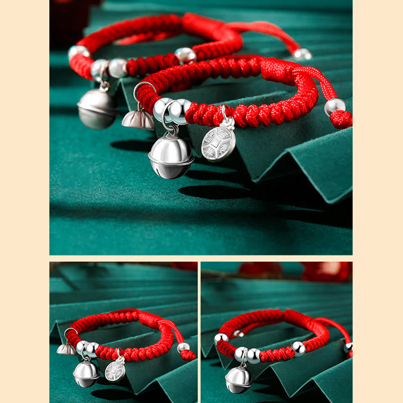 Buddha Stones Plata de ley 925 Hecha a mano Personaje Fu Bolsa de dinero de la suerte Candado chino Campana Loto Moneda de cobre Nudo King Kong Pulsera trenzada para niños